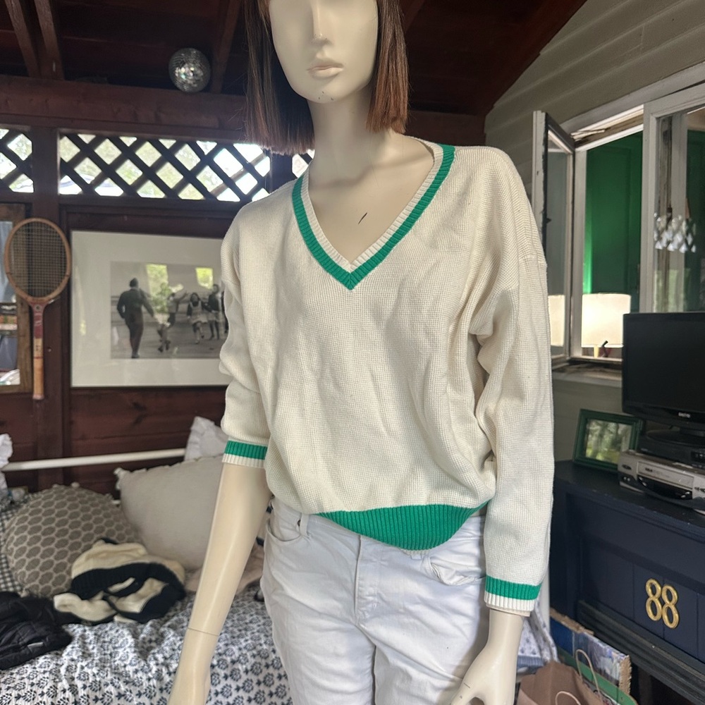 Women's V-Neck Sweater with Green Trim